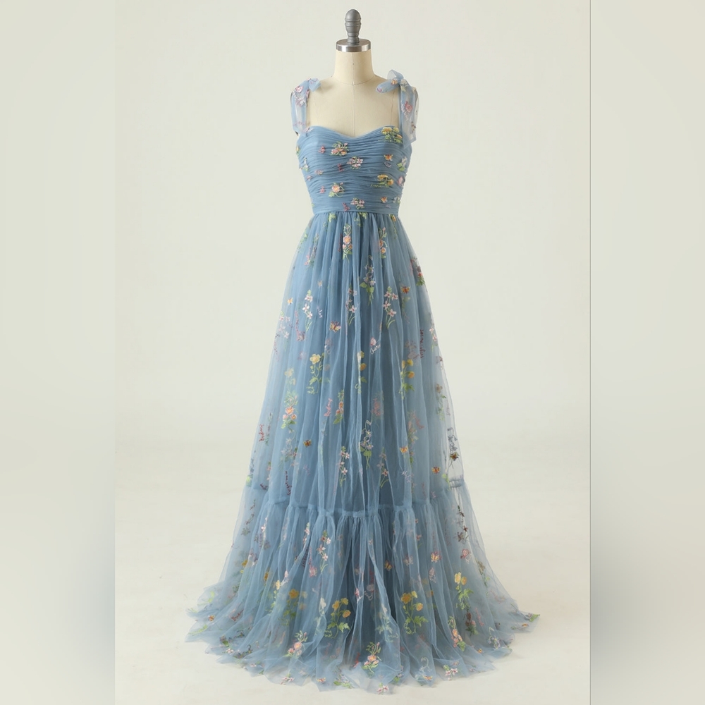 Baby Blue Long Prom Dress With Embroidery